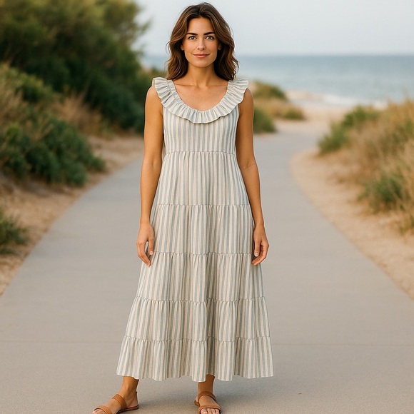 SEZANE dress womens size 40 USA 8 Maxi long stripe tiered cottagecore lagenlook